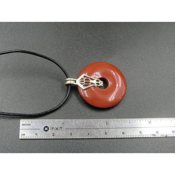 18" Sterling Silver & Leather Brown Circle Stone Necklace Vintage Minimalist - Picture 6 of 7